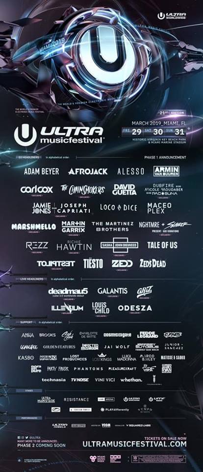 Ultra Miami Announces Star-Studded Phase 1 Lineup For 2019